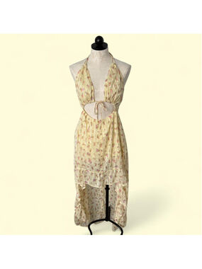 ASOS yellow floral maxi dress with tie back and cut out detail - Size 10